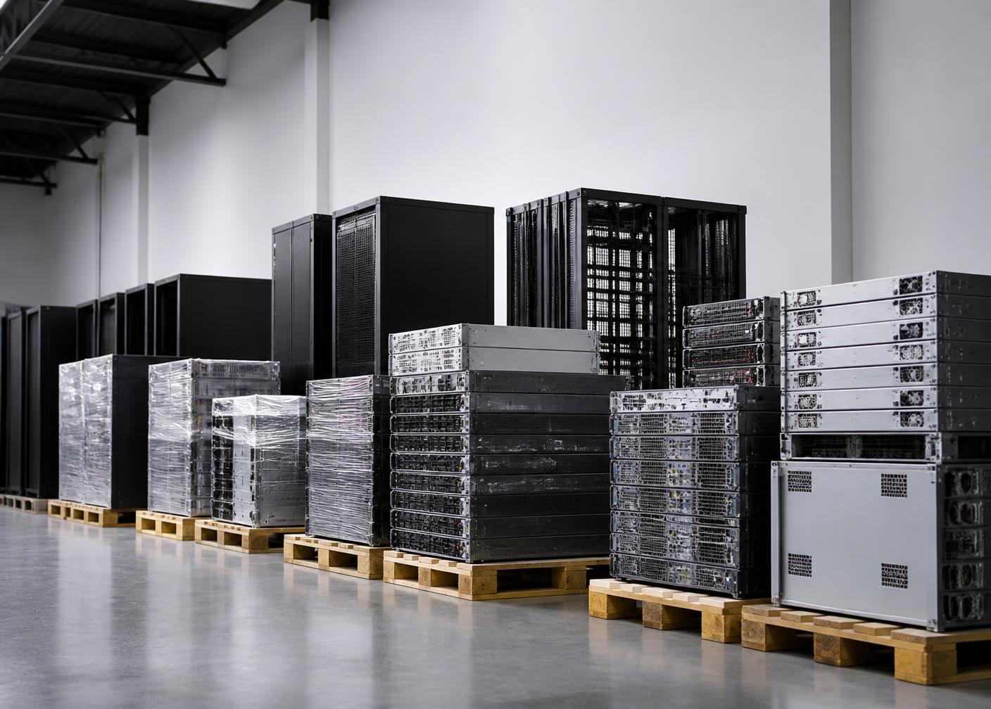 Afgedankte servers en IT-apparatuur klaargezet op paletten in een magazijn